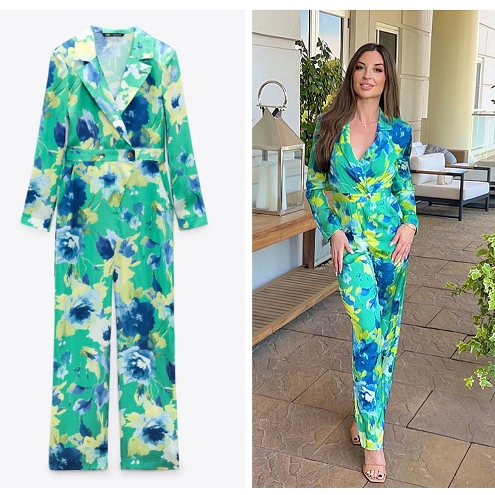 Zara floral satin jumpsuit long sleeve pockets